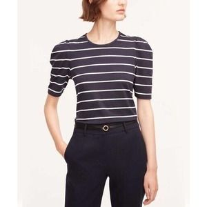 Rebecca Taylor | Dark Navy & White Stripe Puff Sleeve Crewneck Tee Women Size XL